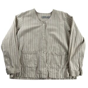 Marla Kim Womens L Striped Linen Cotton Blend Button Front Top Beige Coastal